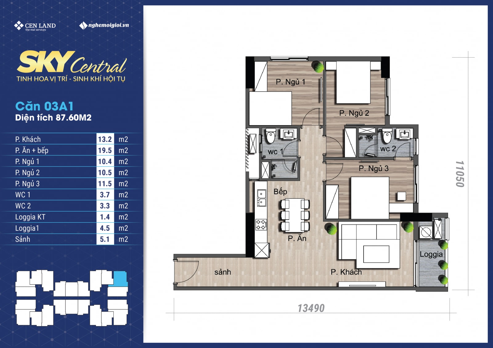 Thiết kế căn 03A1 - 3 phòng ngủ chung cư Sky Central