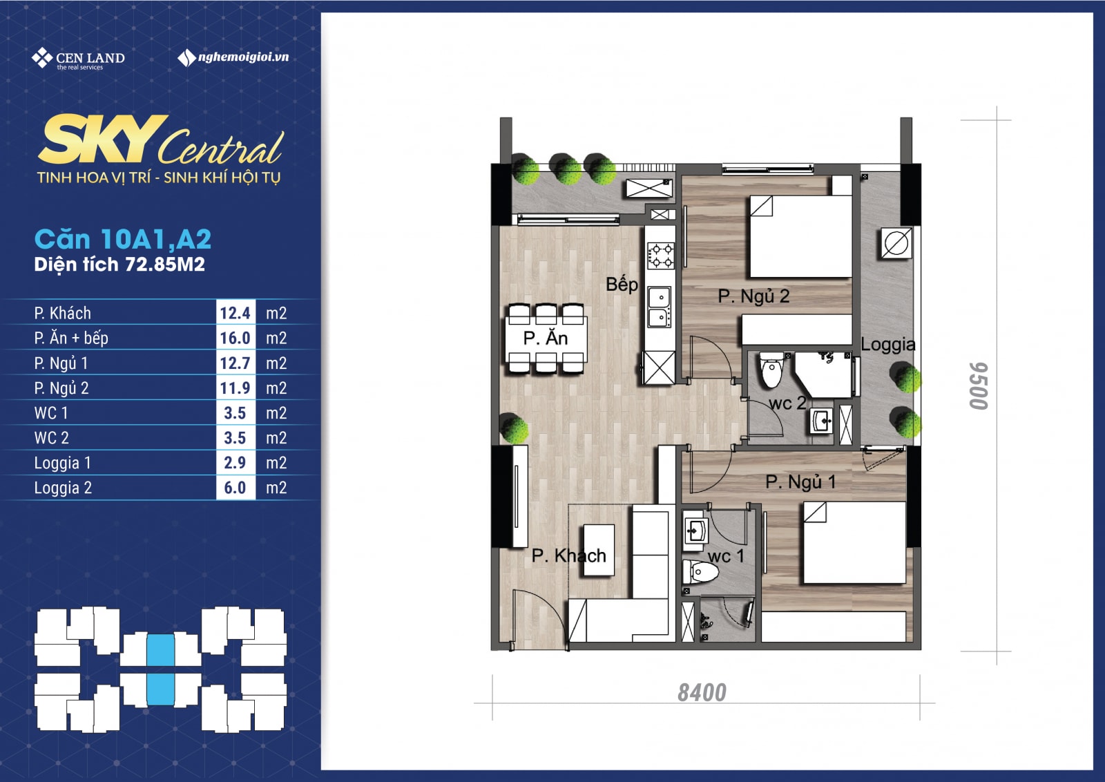Thiết kế căn 10A1, 10A2 - 2 phòng ngủ chung cư Sky Central